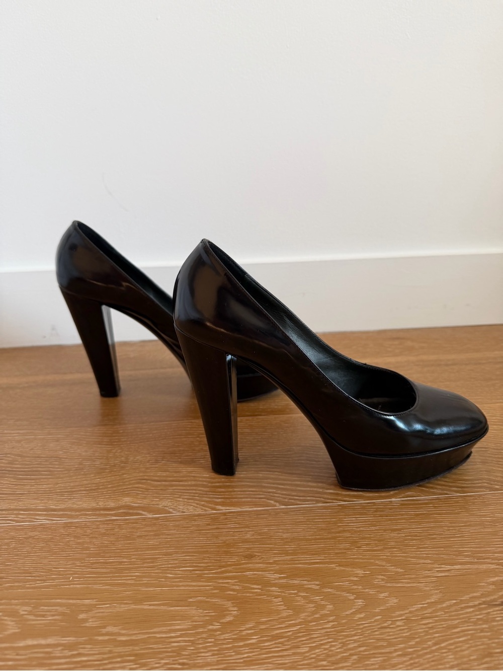 Donna Karan Black Patent Platform Heel Pumps used
